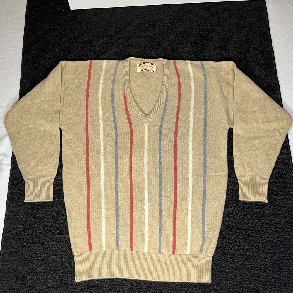 Vintage Alan Paine Sweater Mens Large 42 Wool V Neck Striped England Made 80s